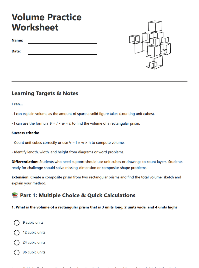 Volume Practice Worksheet
