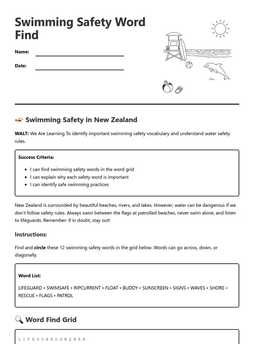 Swimming Safety Word Find
