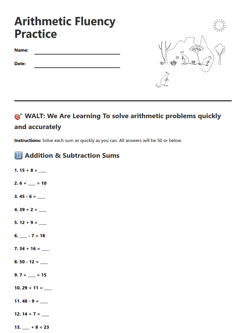 Arithmetic Fluency Practice worksheet preview