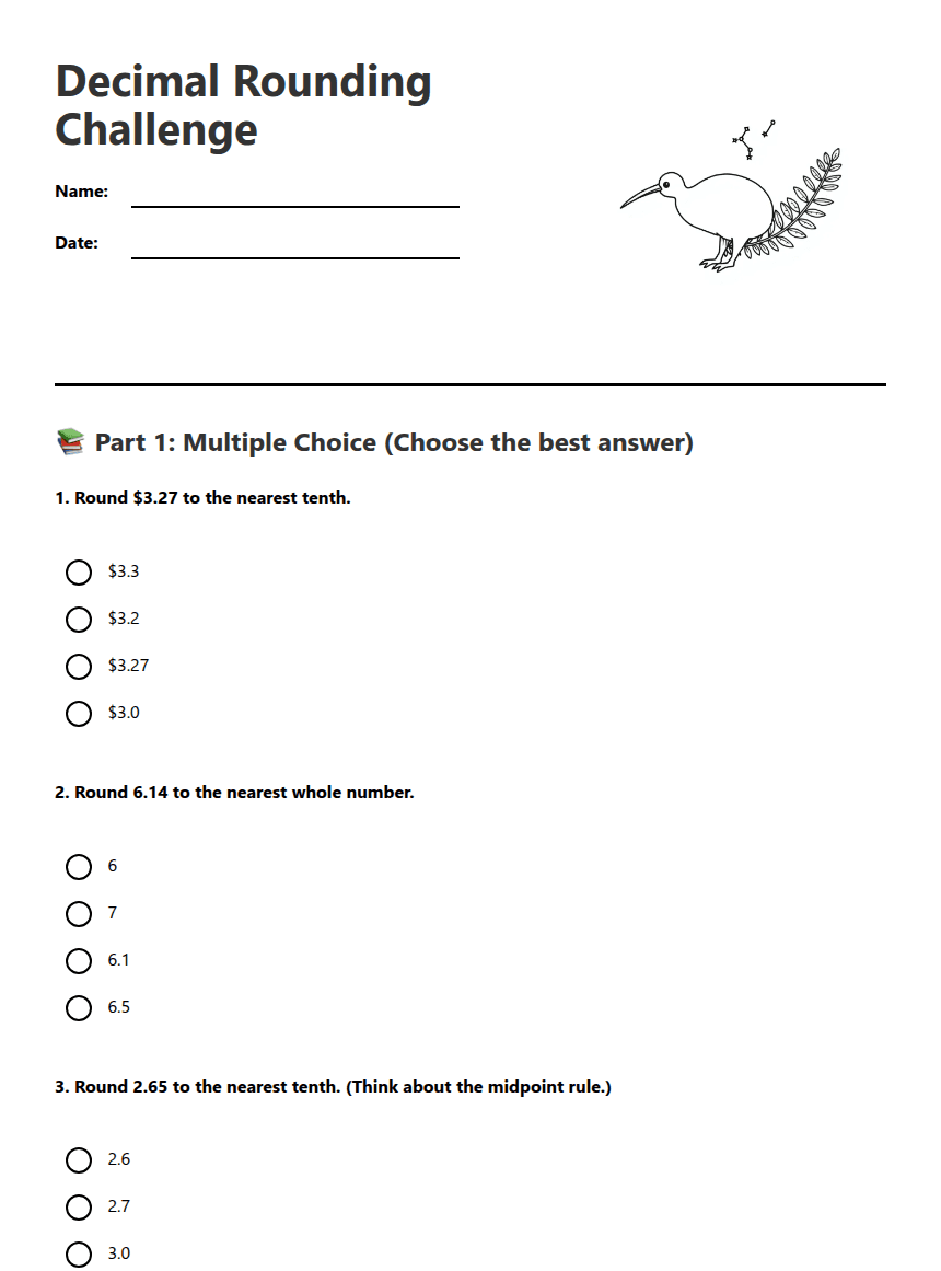 Decimal Rounding Challenge worksheet preview