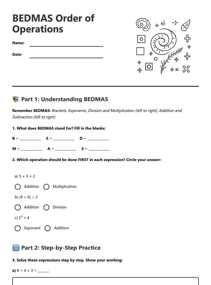 BEDMAS Order Operations worksheet preview