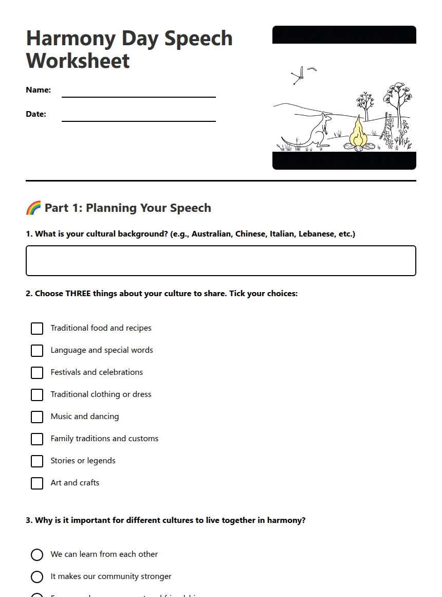 Harmony Day Speech Worksheet worksheet preview