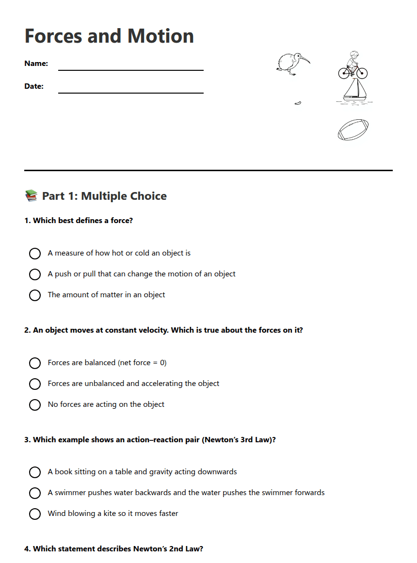 Forces and Motion worksheet preview