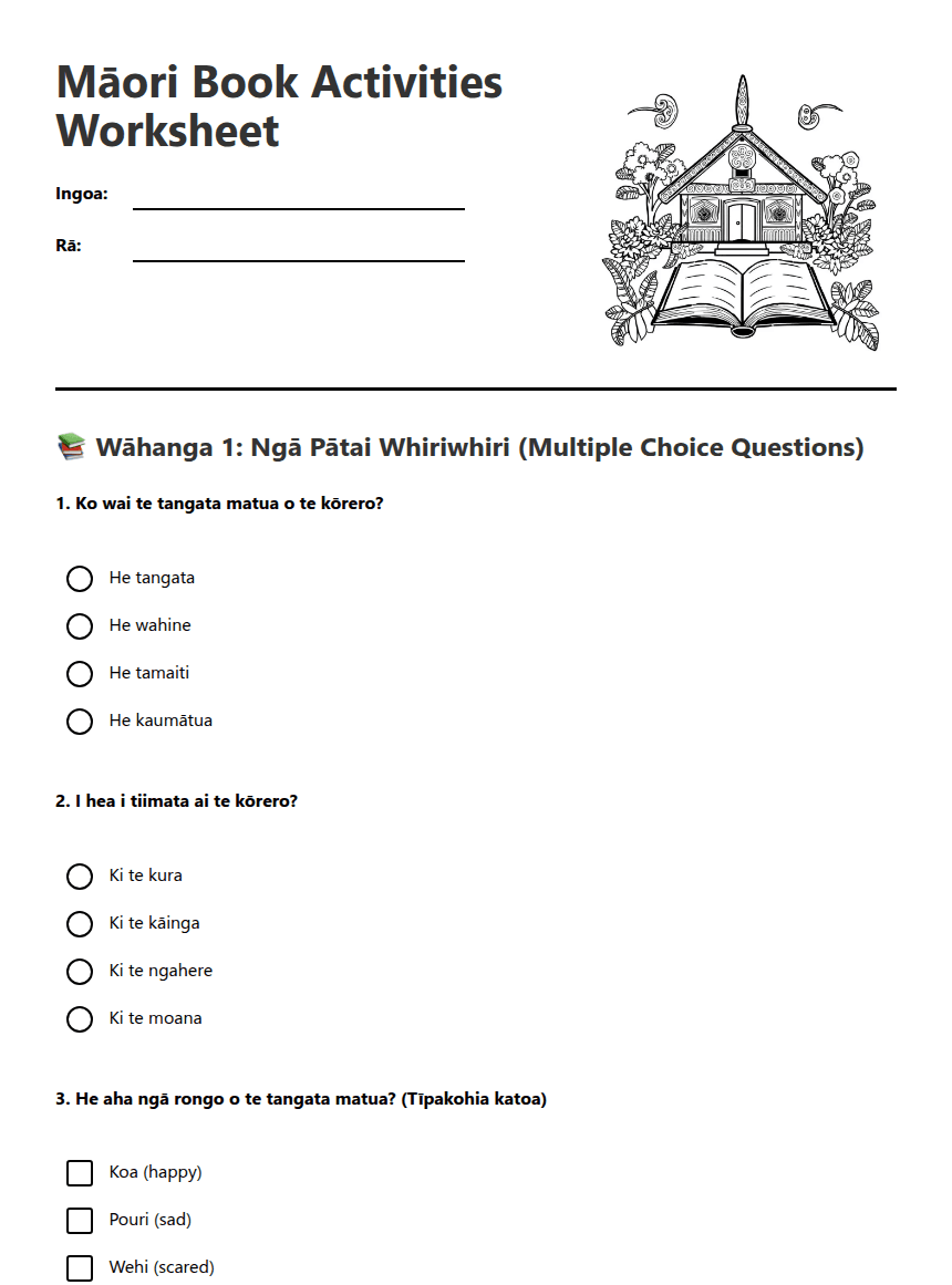Māori Book Activities Worksheet worksheet preview