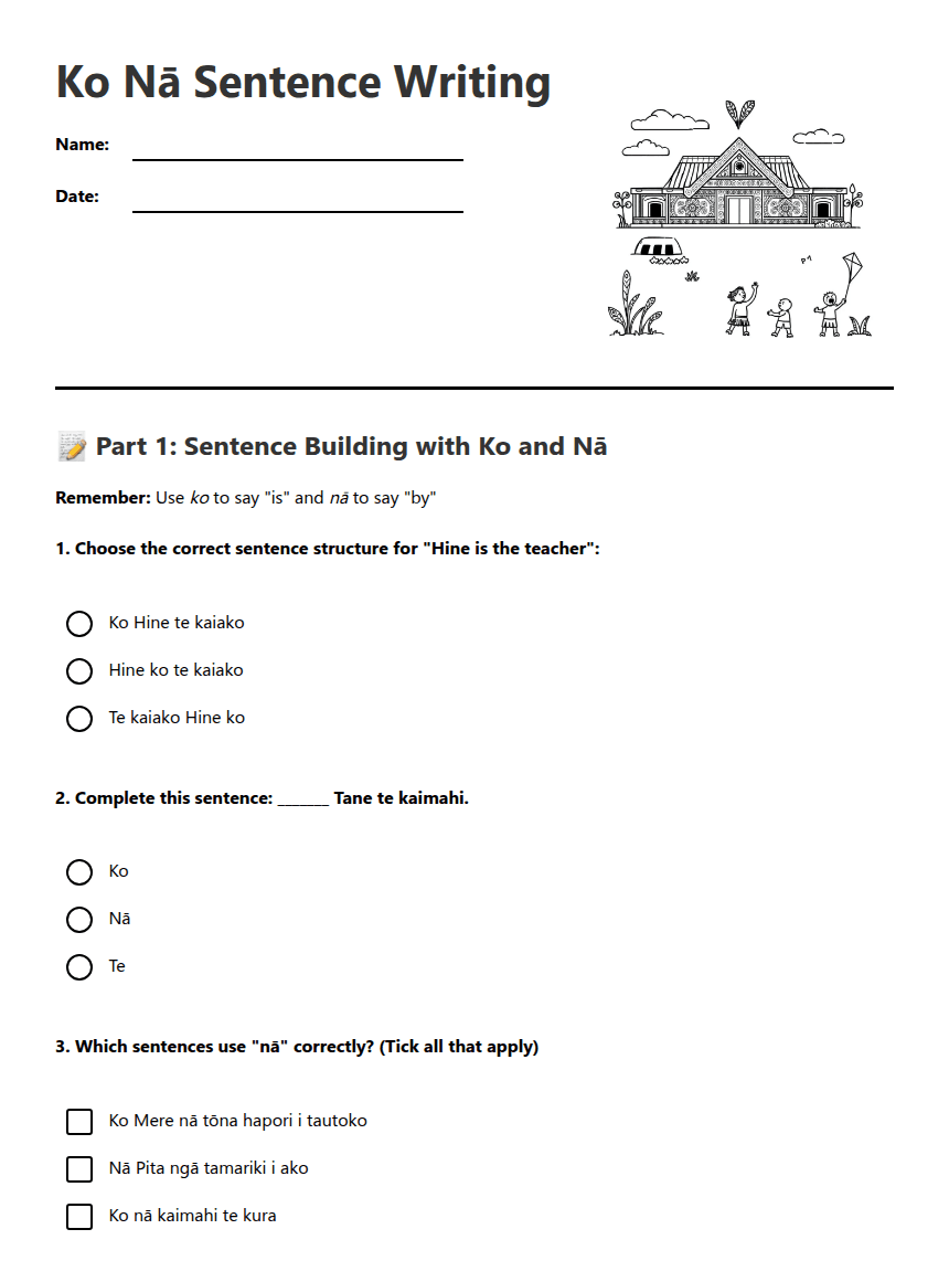 Ko Nā Sentence Writing worksheet preview