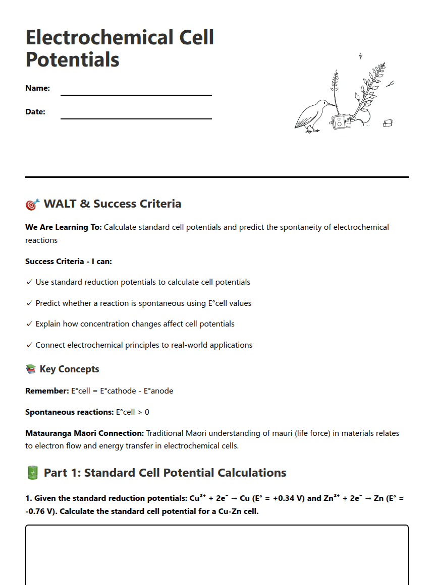 Electrochemical Cell Potentials worksheet preview