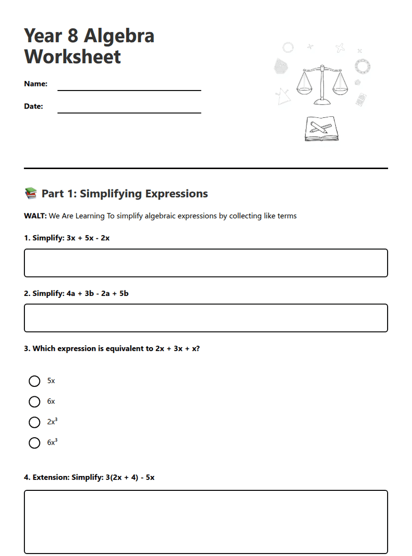 Year 8 Algebra Worksheet