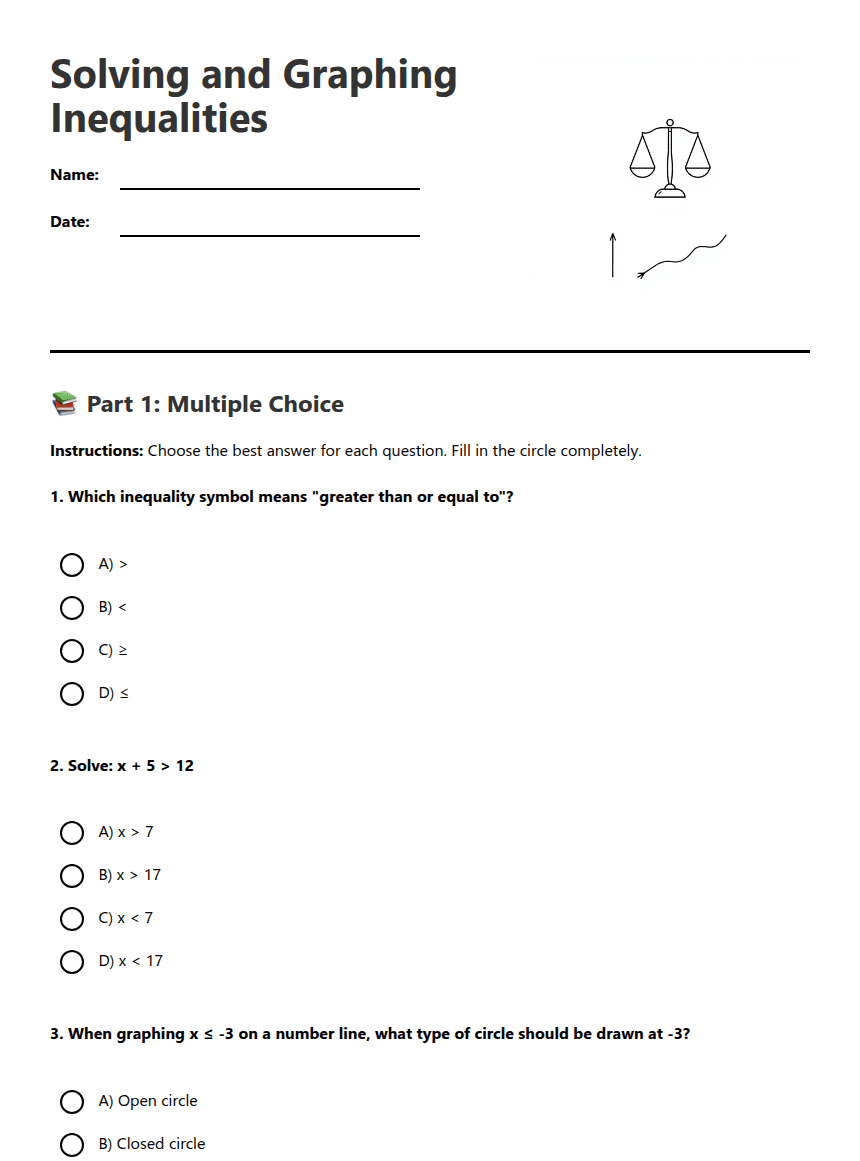 Solving and Graphing Inequalities worksheet preview