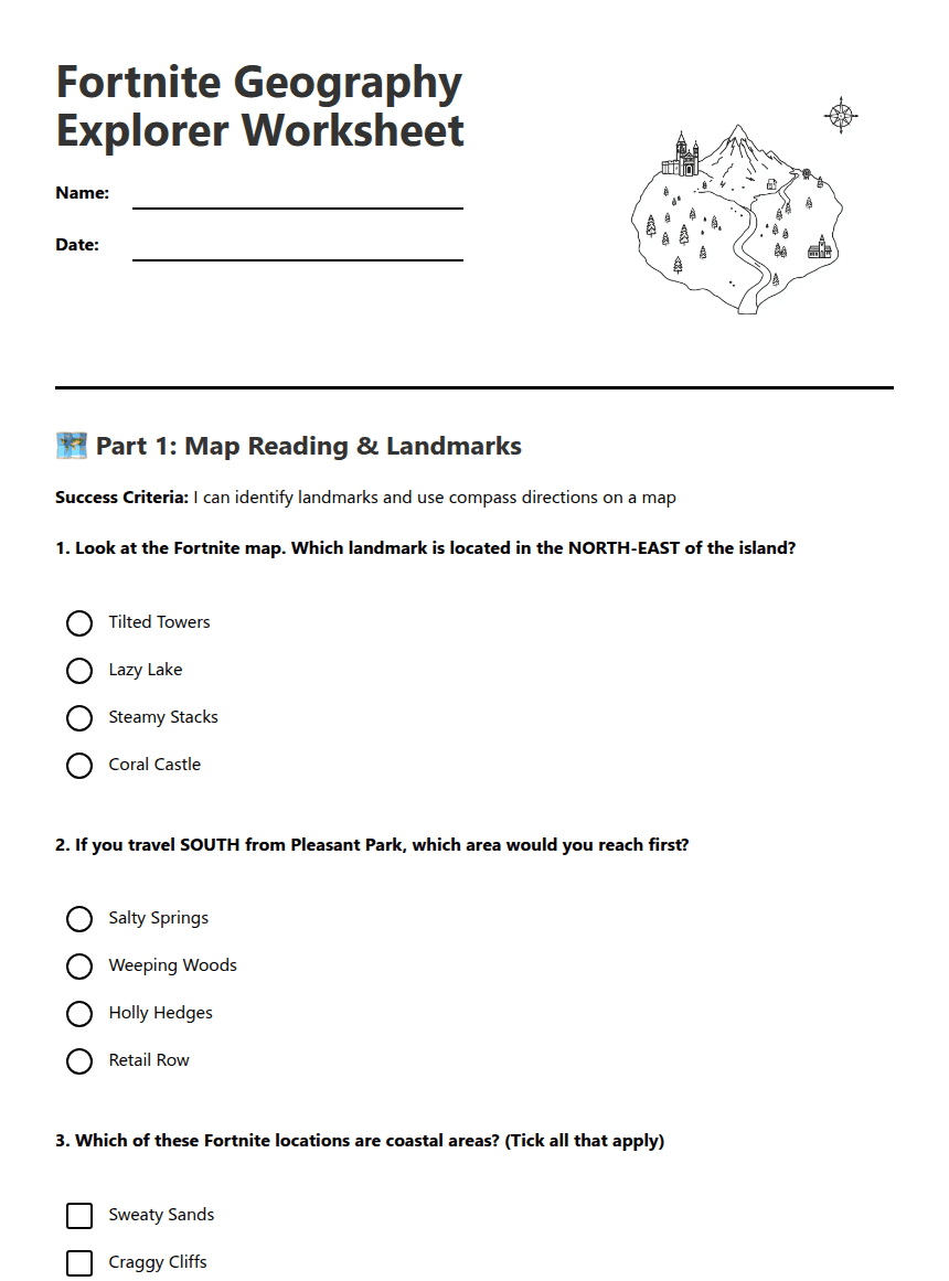Fortnite Geography Explorer Worksheet worksheet preview