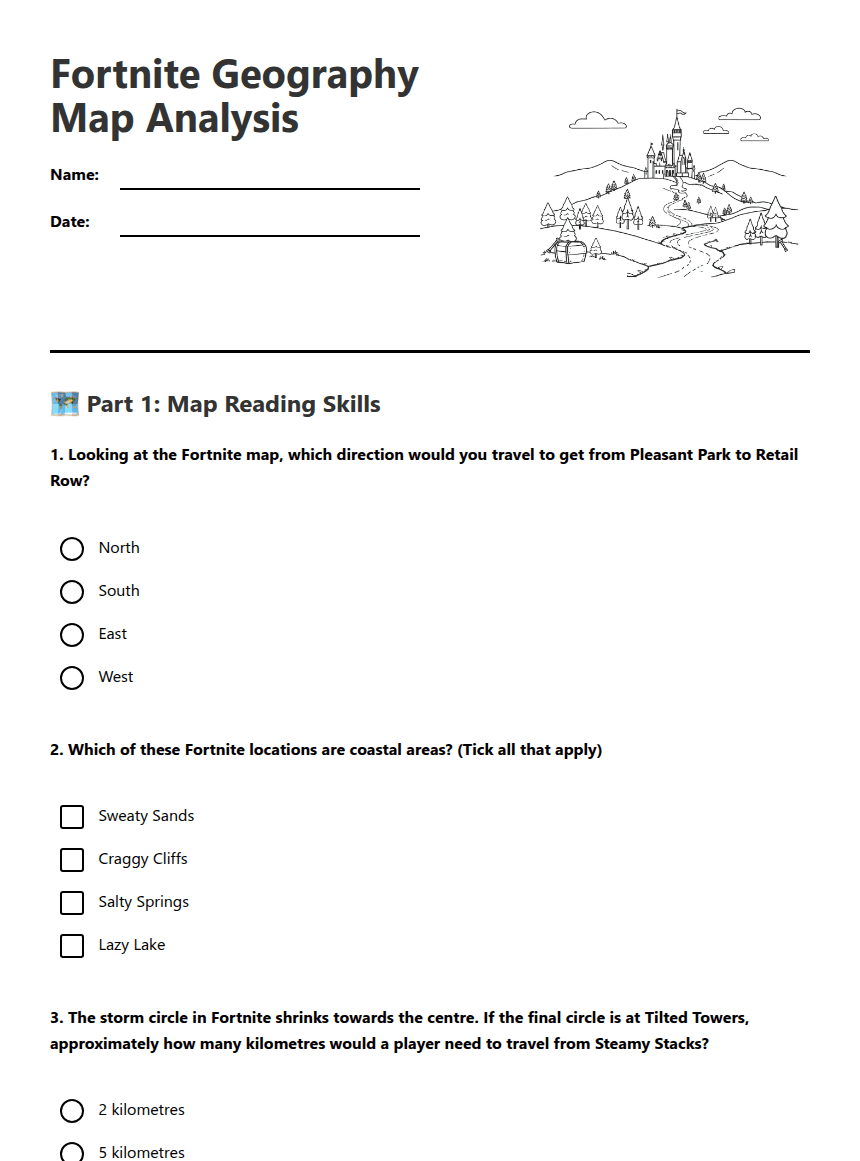 Fortnite Geography Map Analysis worksheet preview