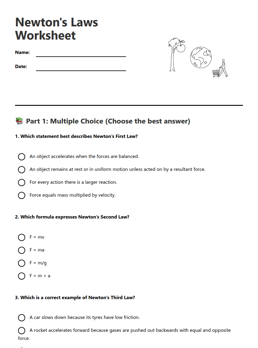Newton's Laws Worksheet worksheet preview