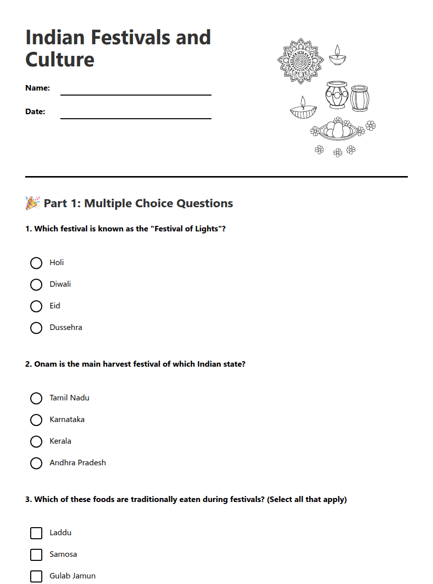 Indian Festivals and Culture worksheet preview