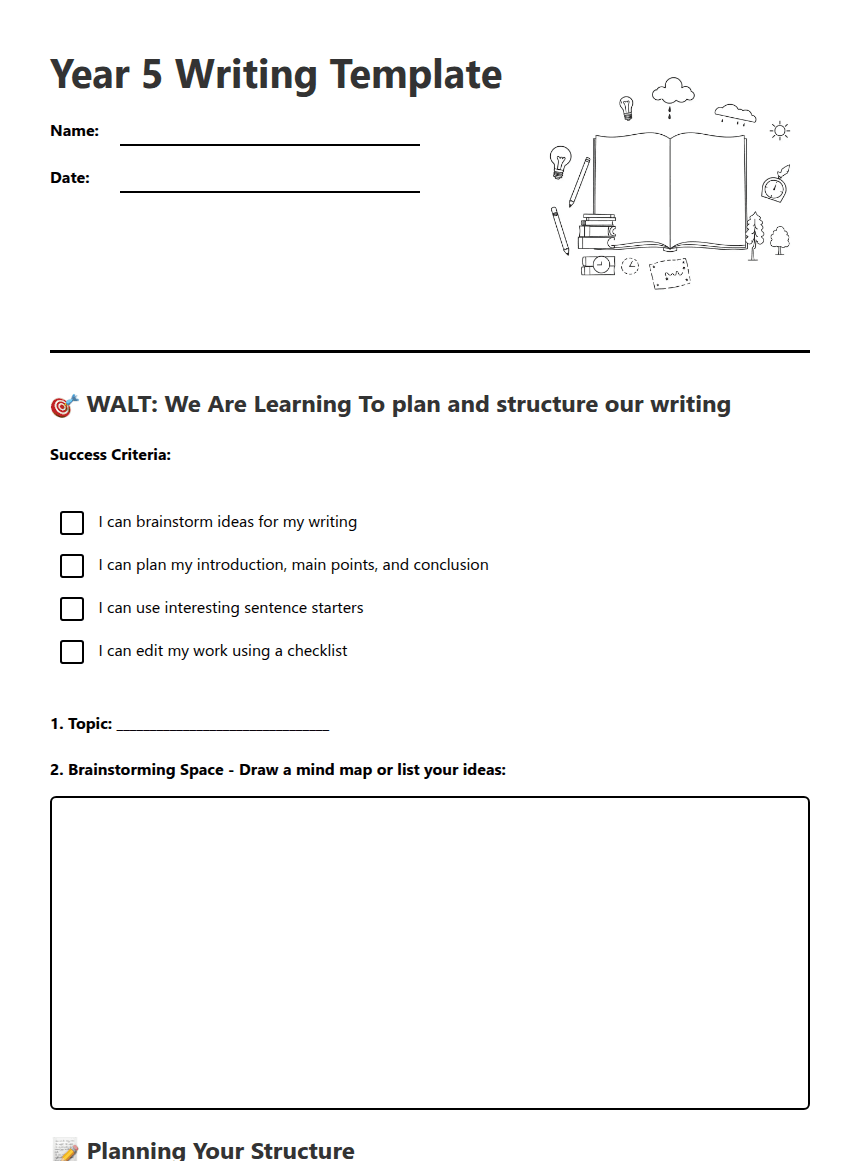 Year 5 Writing Template worksheet preview