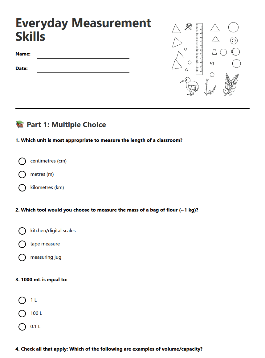 Everyday Measurement Skills worksheet preview