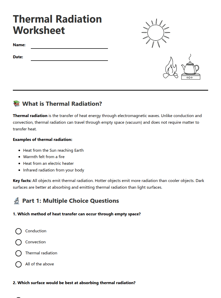 Thermal Radiation Worksheet worksheet preview