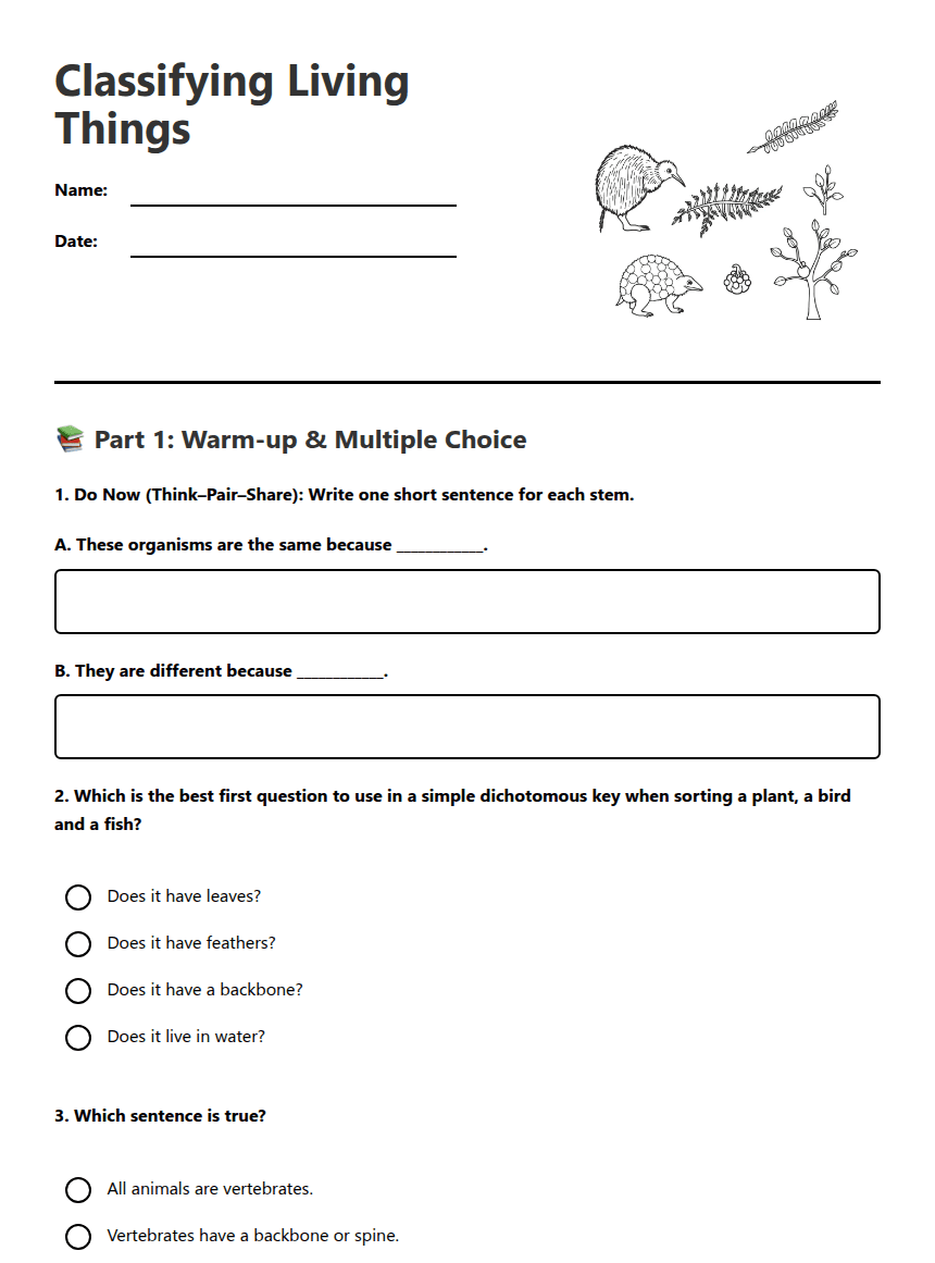 Classifying Living Things worksheet preview