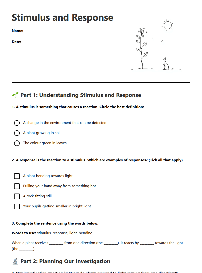 Stimulus and Response worksheet preview