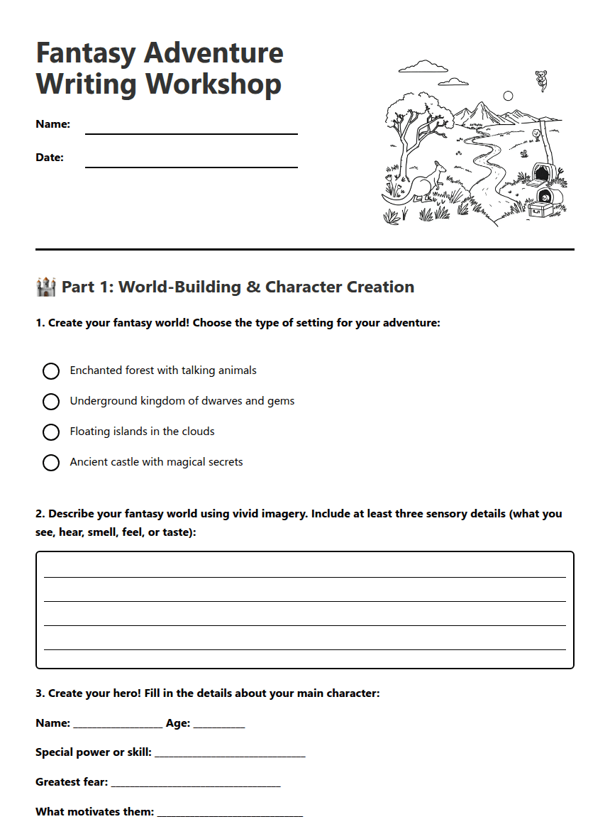 Fantasy Adventure Writing Workshop worksheet preview