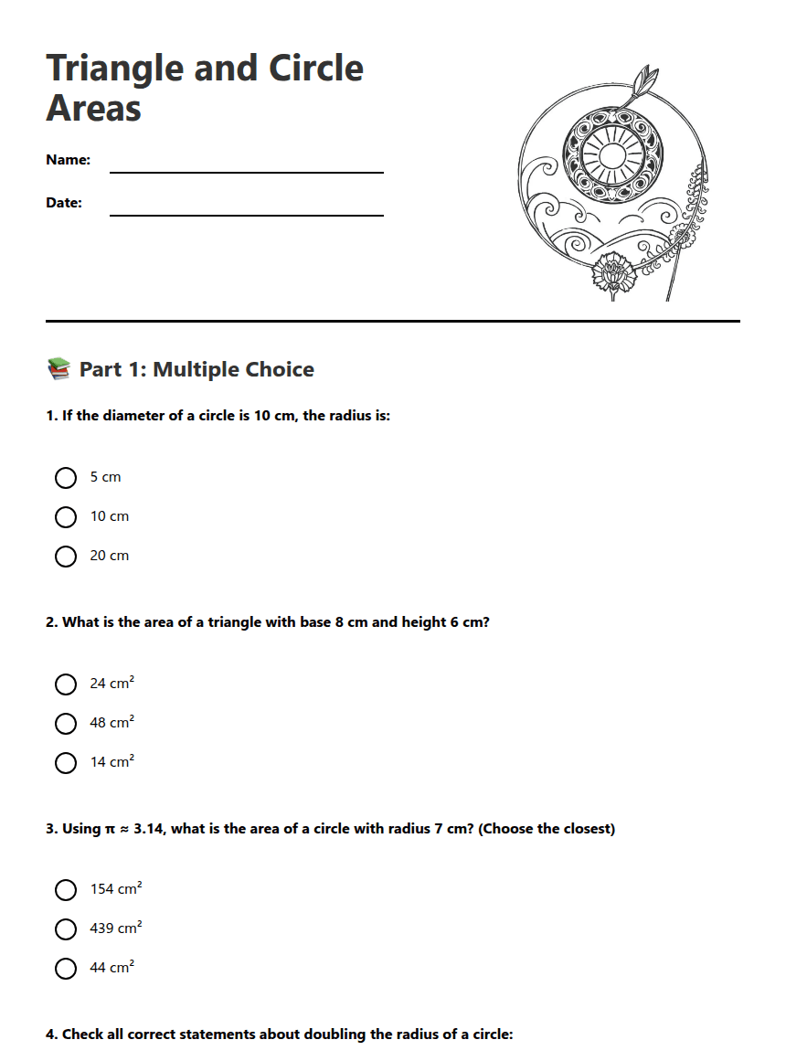 Triangle and Circle Areas worksheet preview