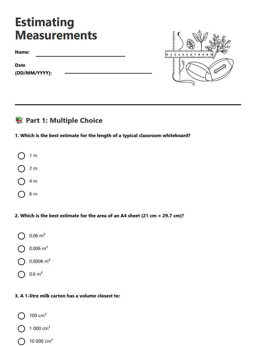 Estimating Measurements worksheet preview