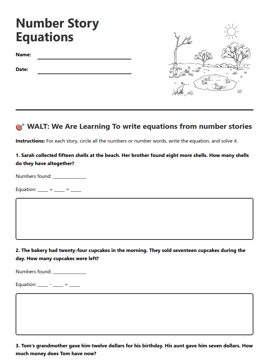 Number Story Equations worksheet preview