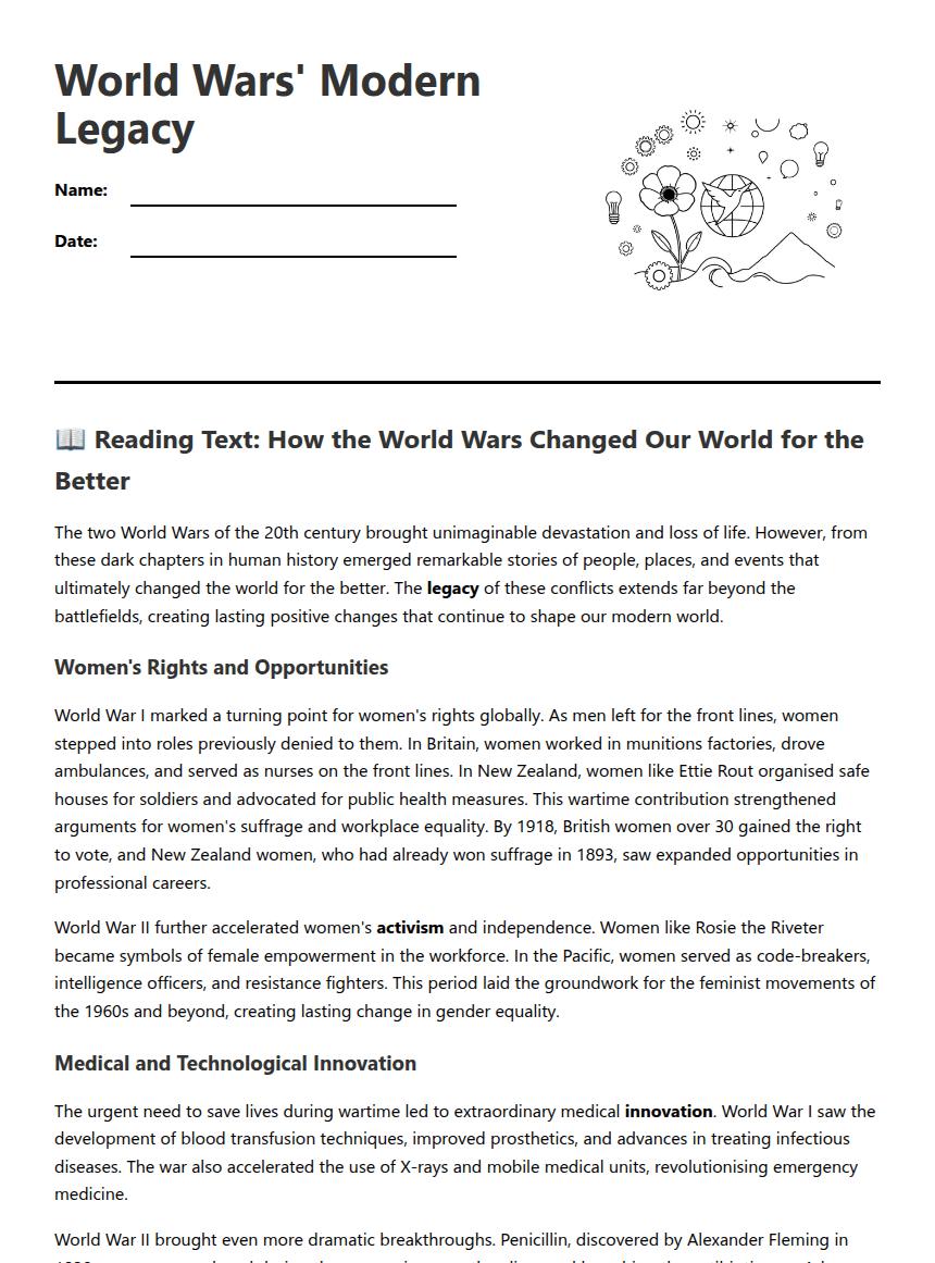 World Wars' Modern Legacy worksheet preview