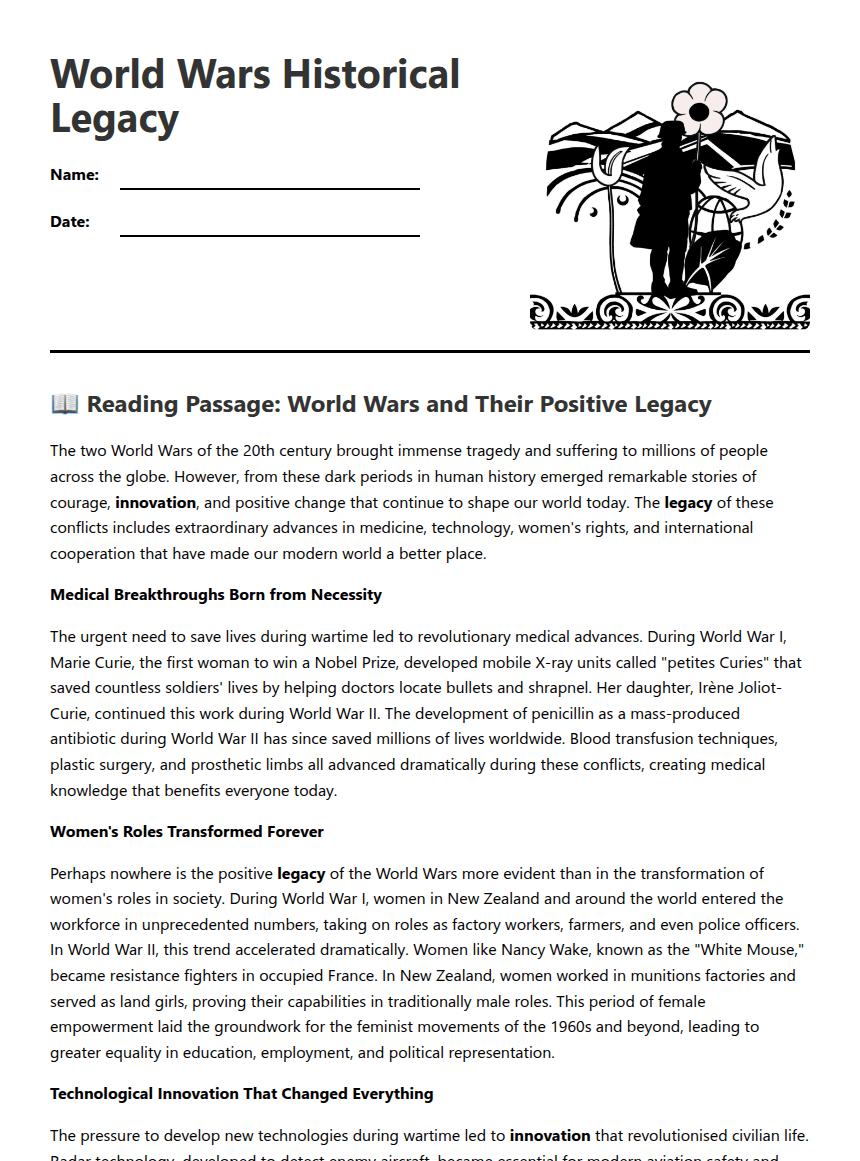 World Wars Historical Legacy worksheet preview