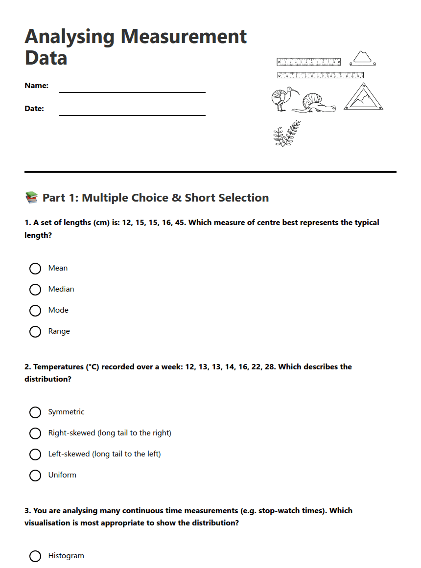 Analysing Measurement Data worksheet preview