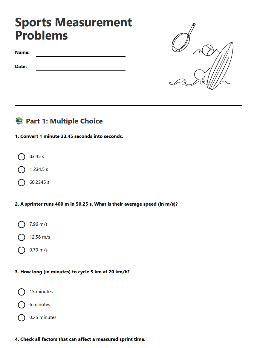 Sports Measurement Problems worksheet preview