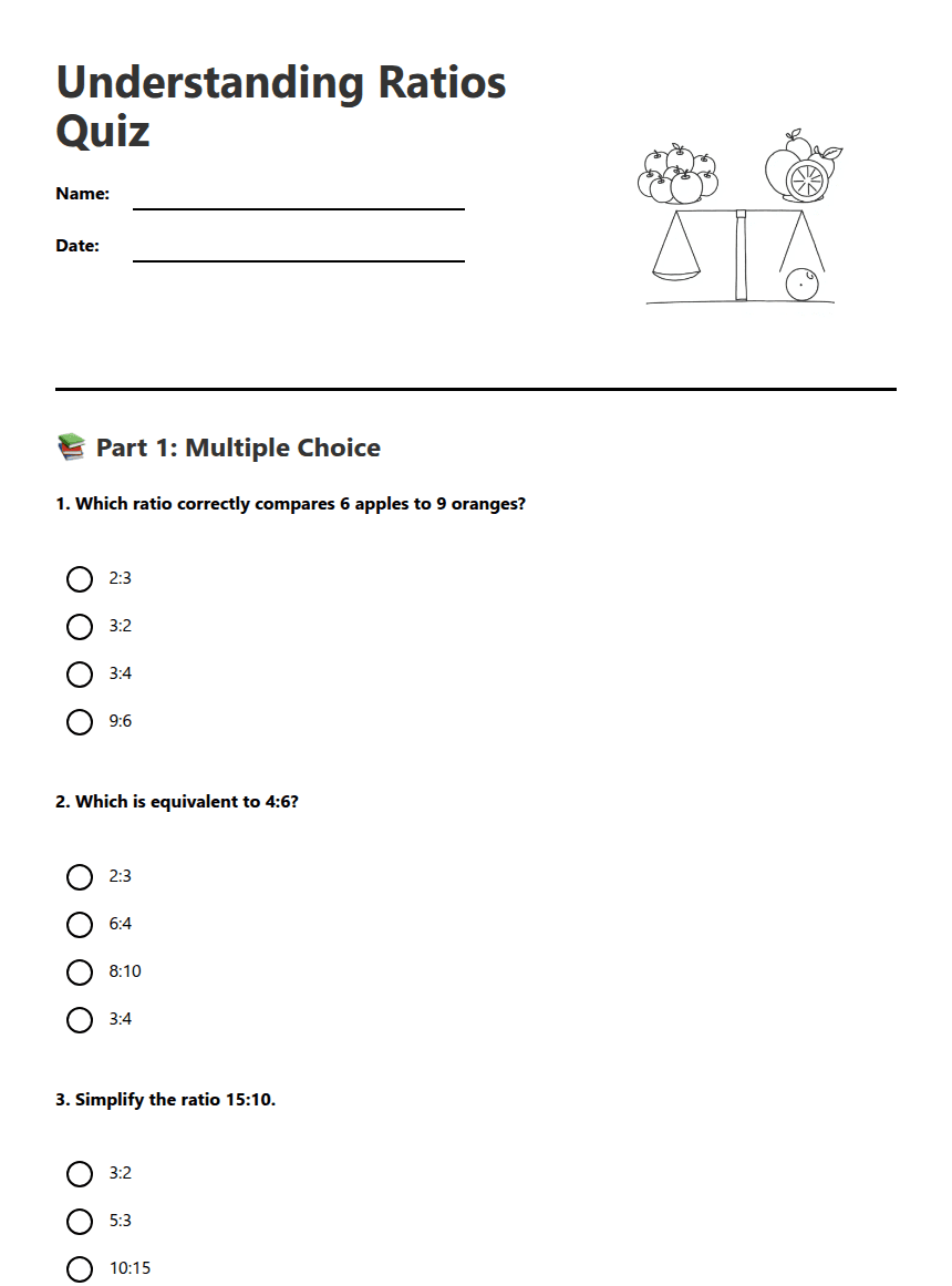 Understanding Ratios Quiz worksheet preview