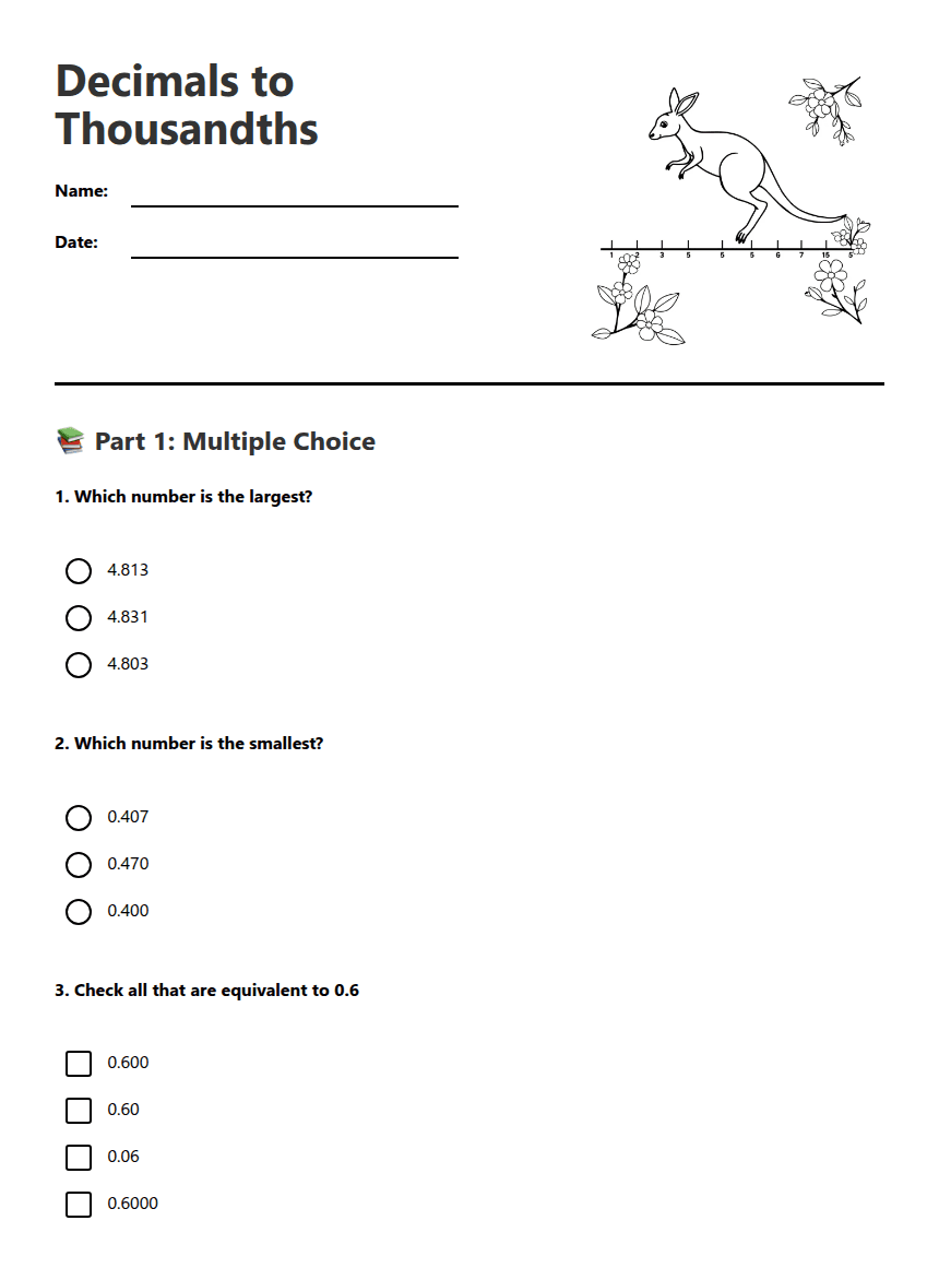 Decimals to Thousandths worksheet preview