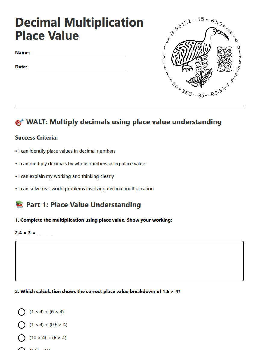 Decimal Multiplication Place Value worksheet preview