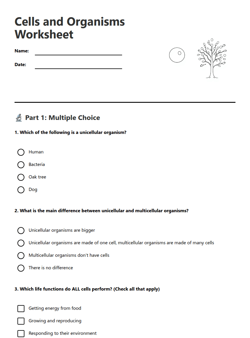 Cells and Organisms Worksheet worksheet preview