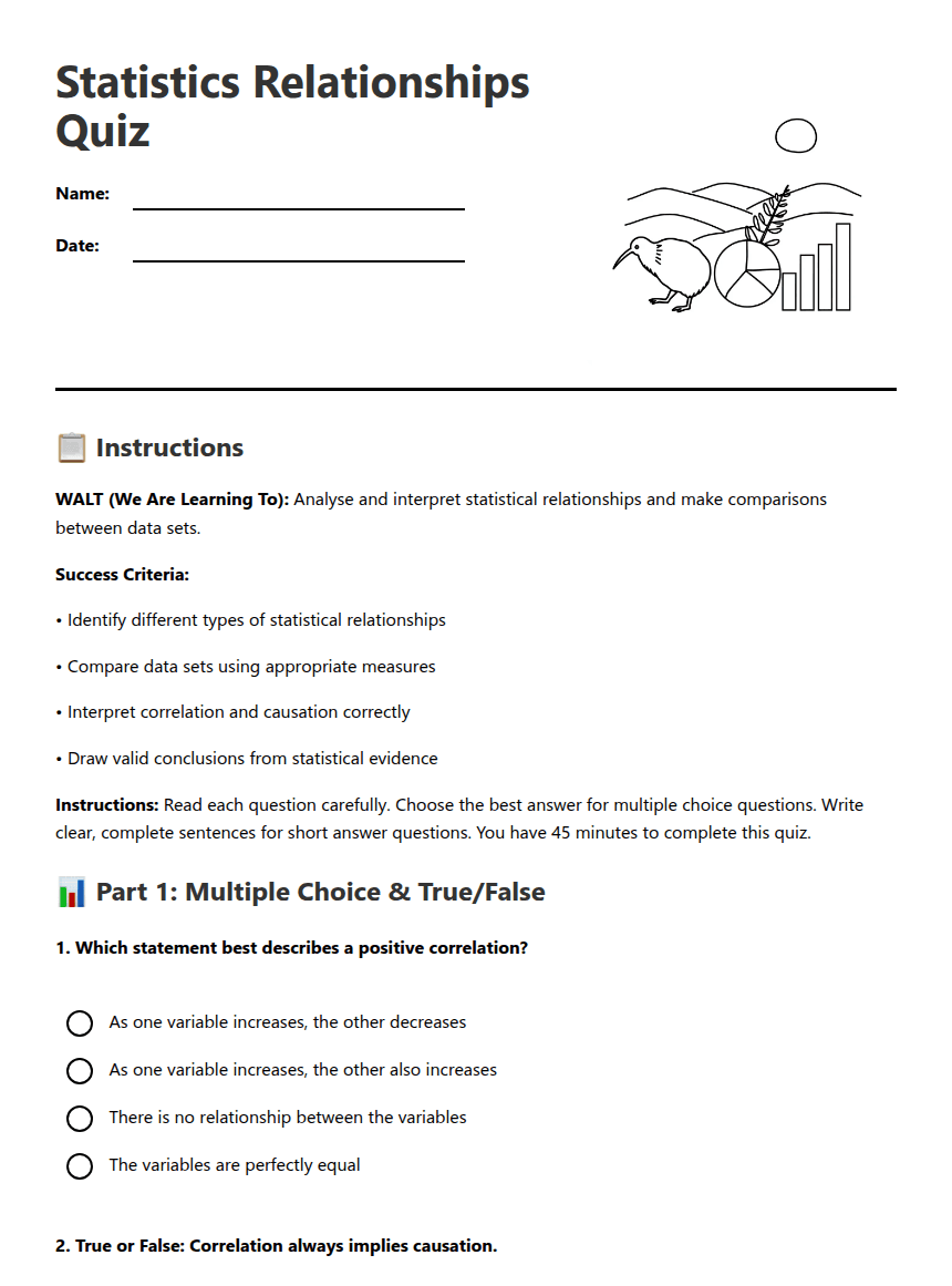 Statistics Relationships Quiz worksheet preview