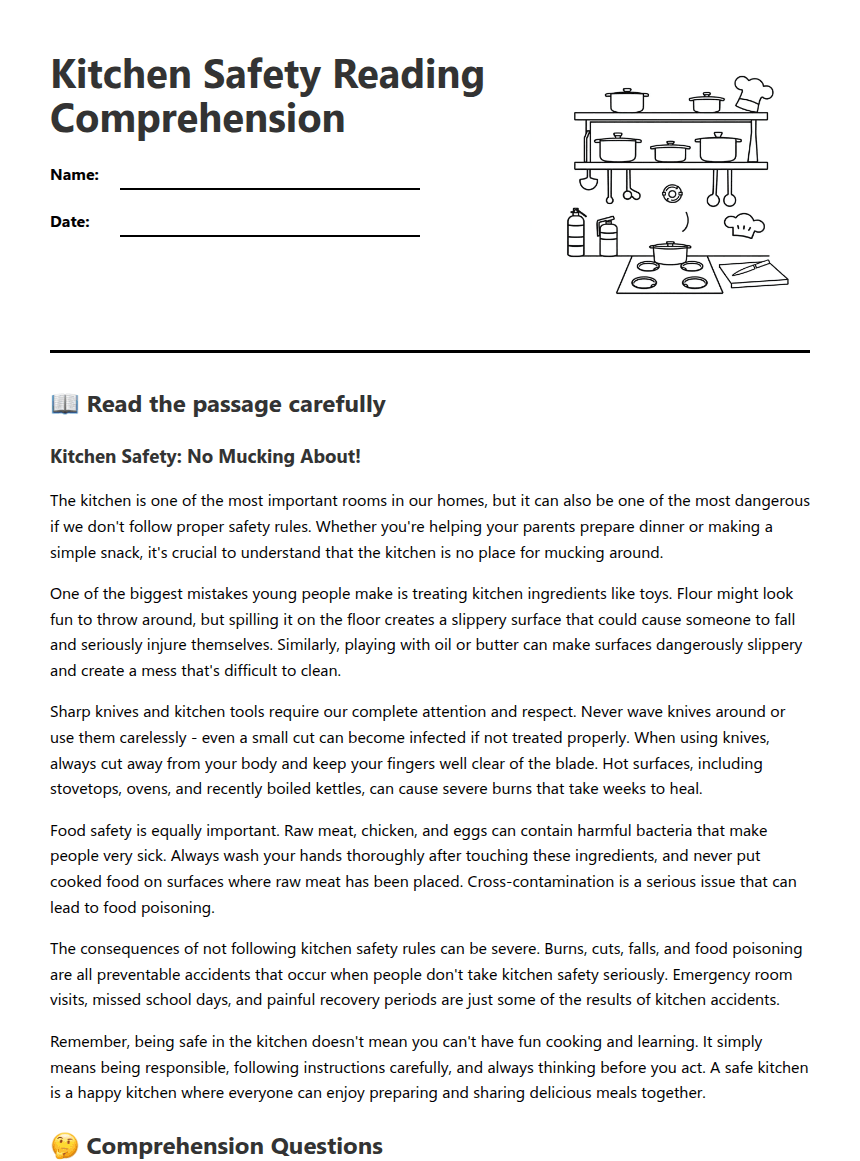 Kitchen Safety Reading Comprehension worksheet preview