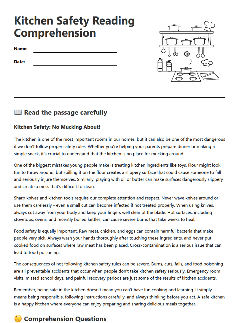 Kitchen Safety Reading Comprehension