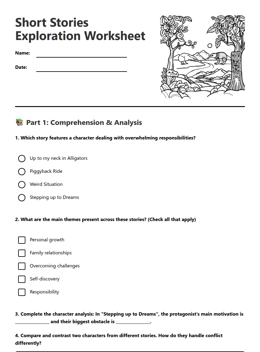 Short Stories Exploration Worksheet worksheet preview