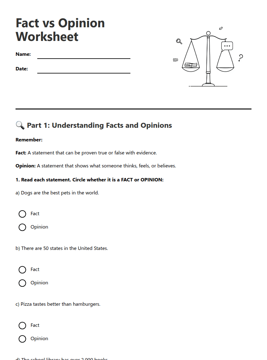 Fact vs Opinion Worksheet worksheet preview