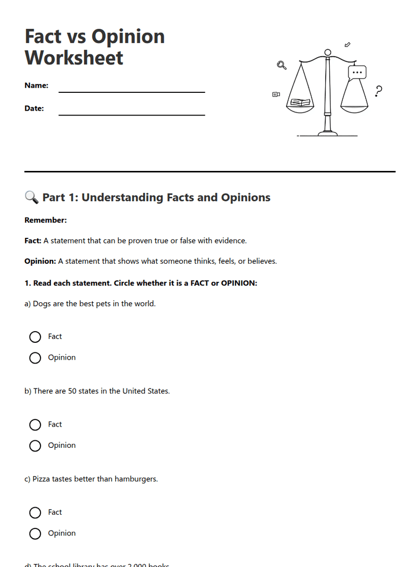 Fact vs Opinion Worksheet