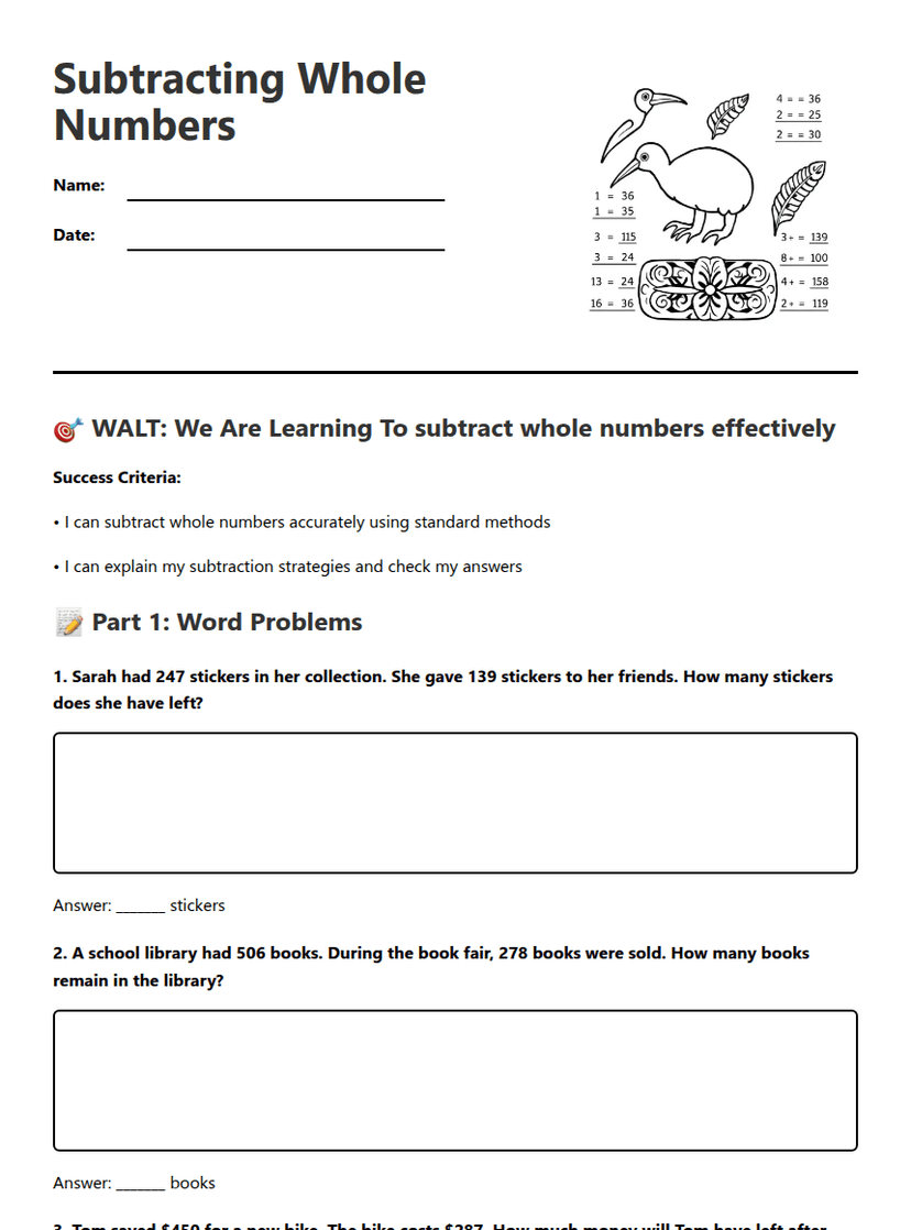 Subtracting Whole Numbers
