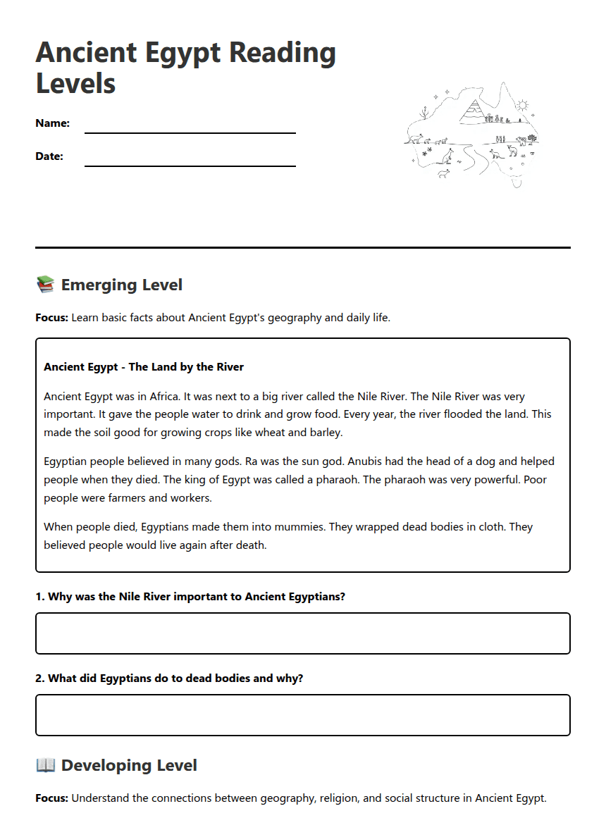 Ancient Egypt Reading Levels worksheet preview