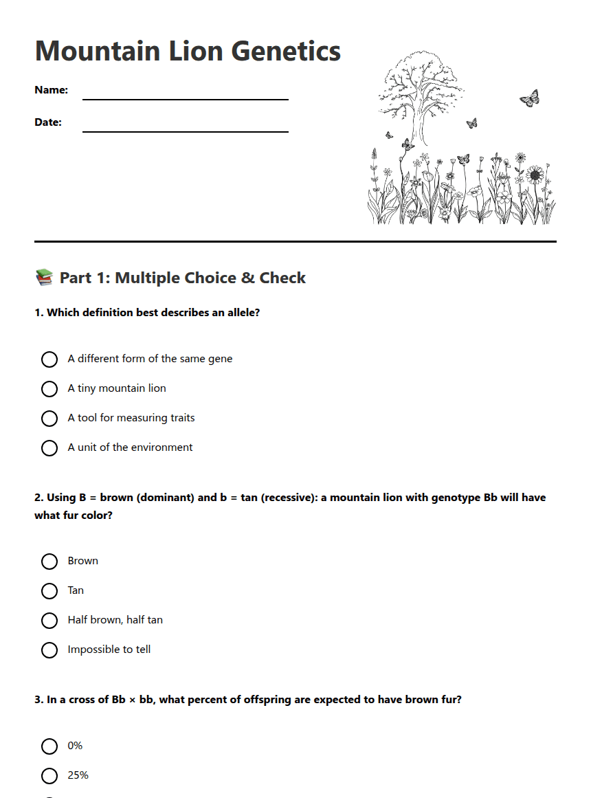 Mountain Lion Genetics worksheet preview