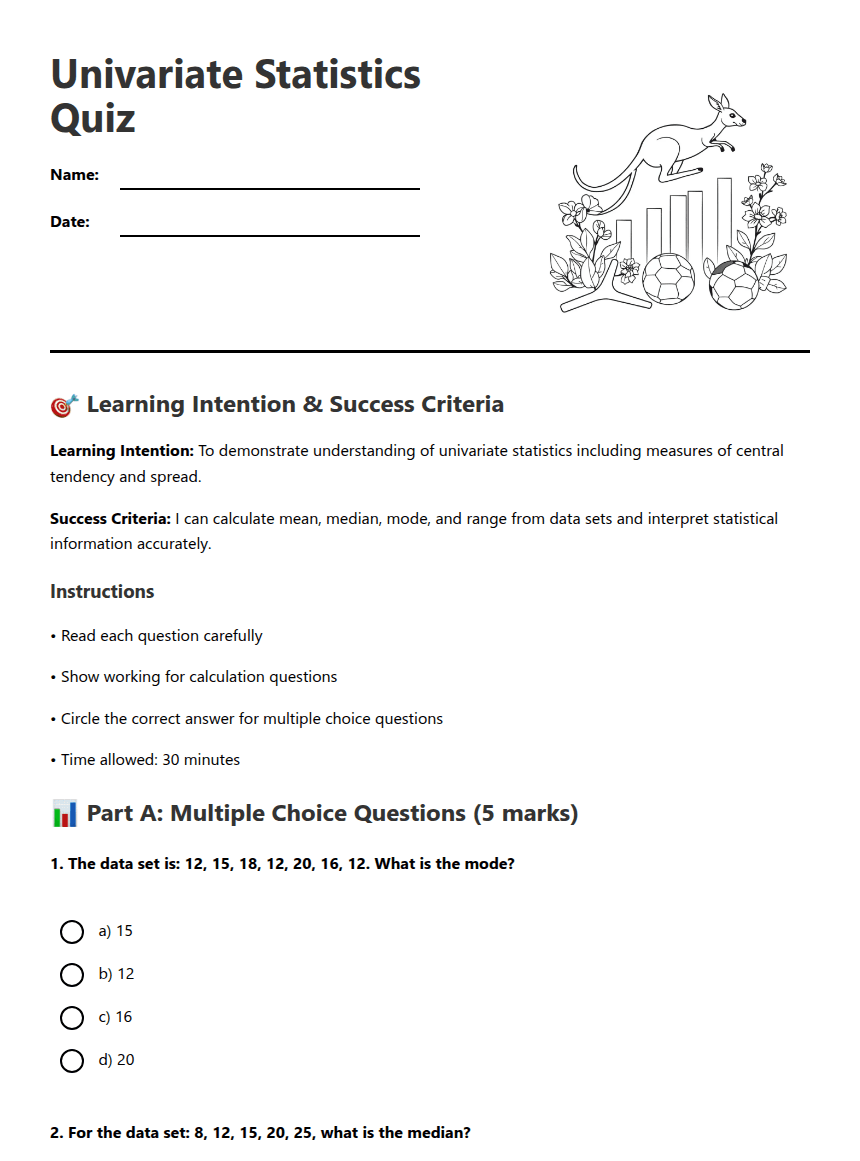 Univariate Statistics Quiz worksheet preview