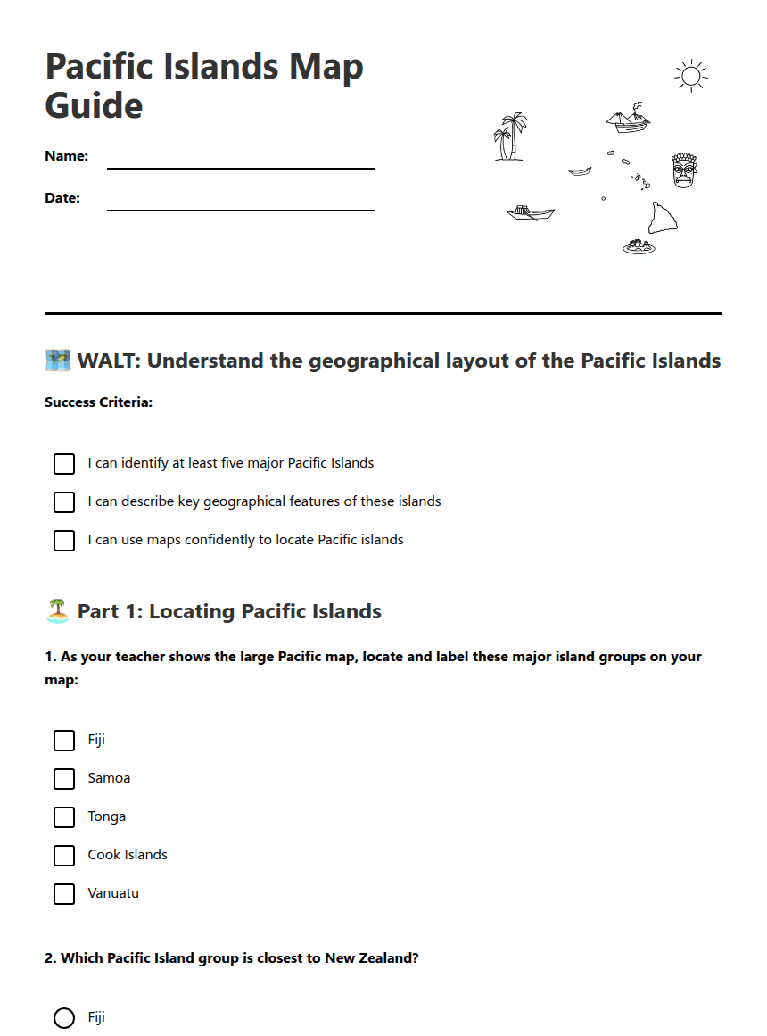 Pacific Islands Map Guide worksheet preview