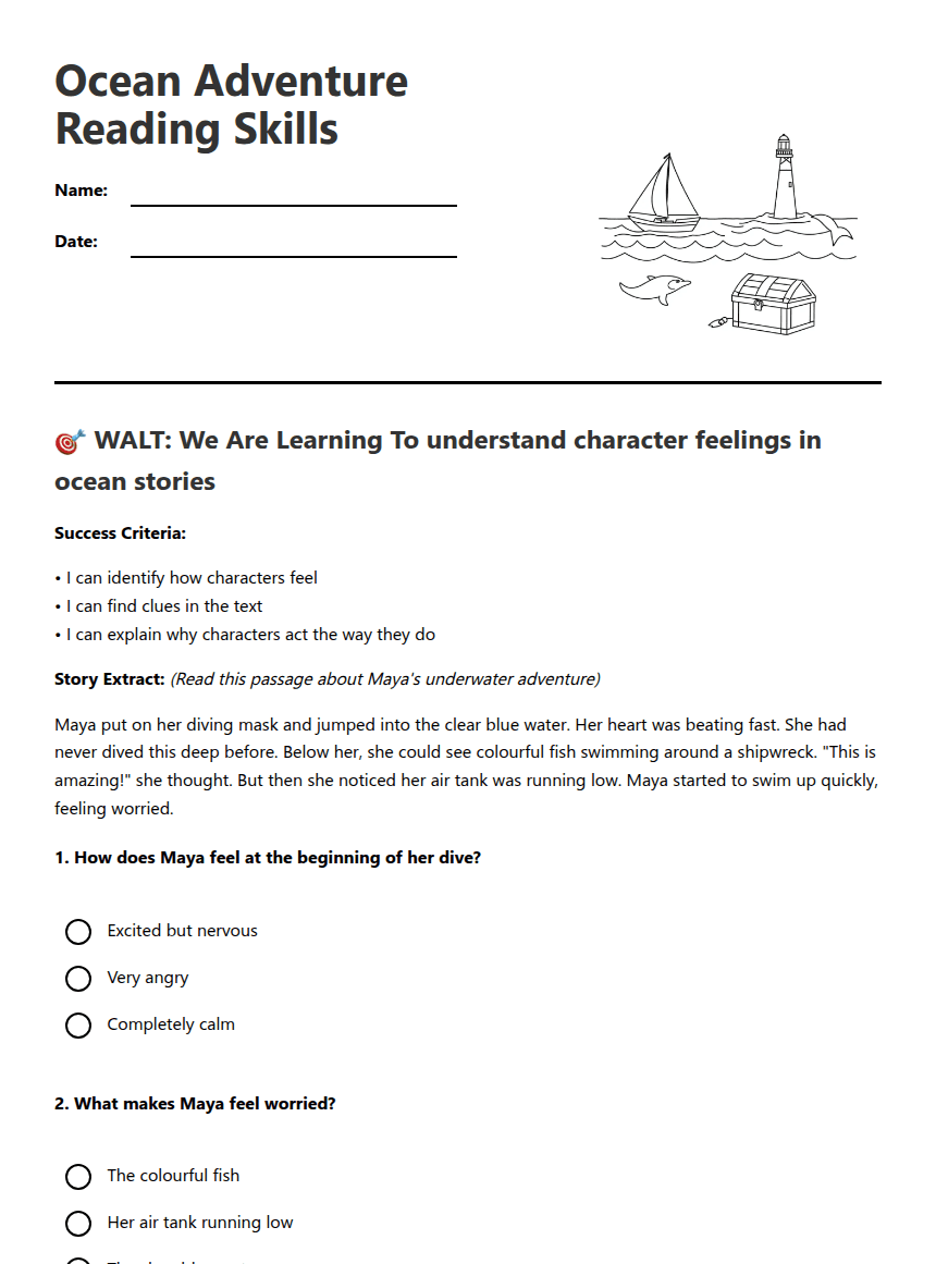 Ocean Adventure Reading Skills worksheet preview