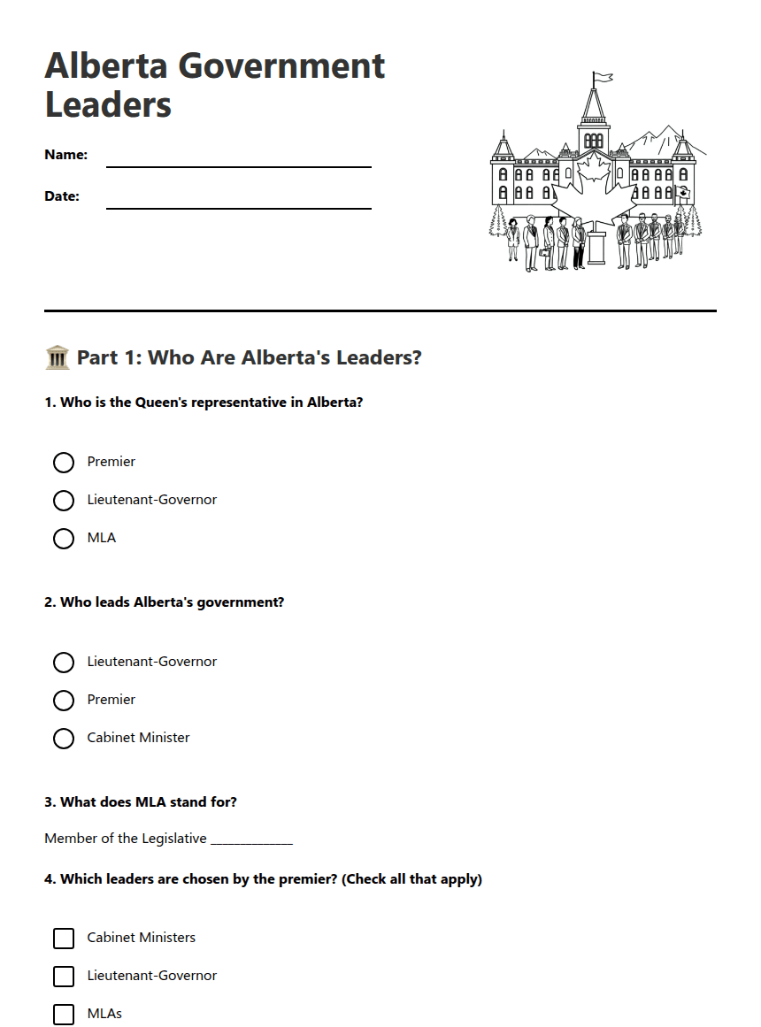 Alberta Government Leaders worksheet preview