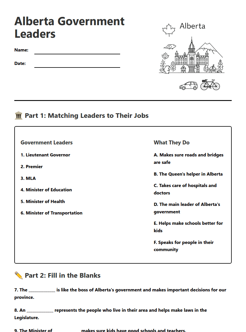 Alberta Government Leaders worksheet preview