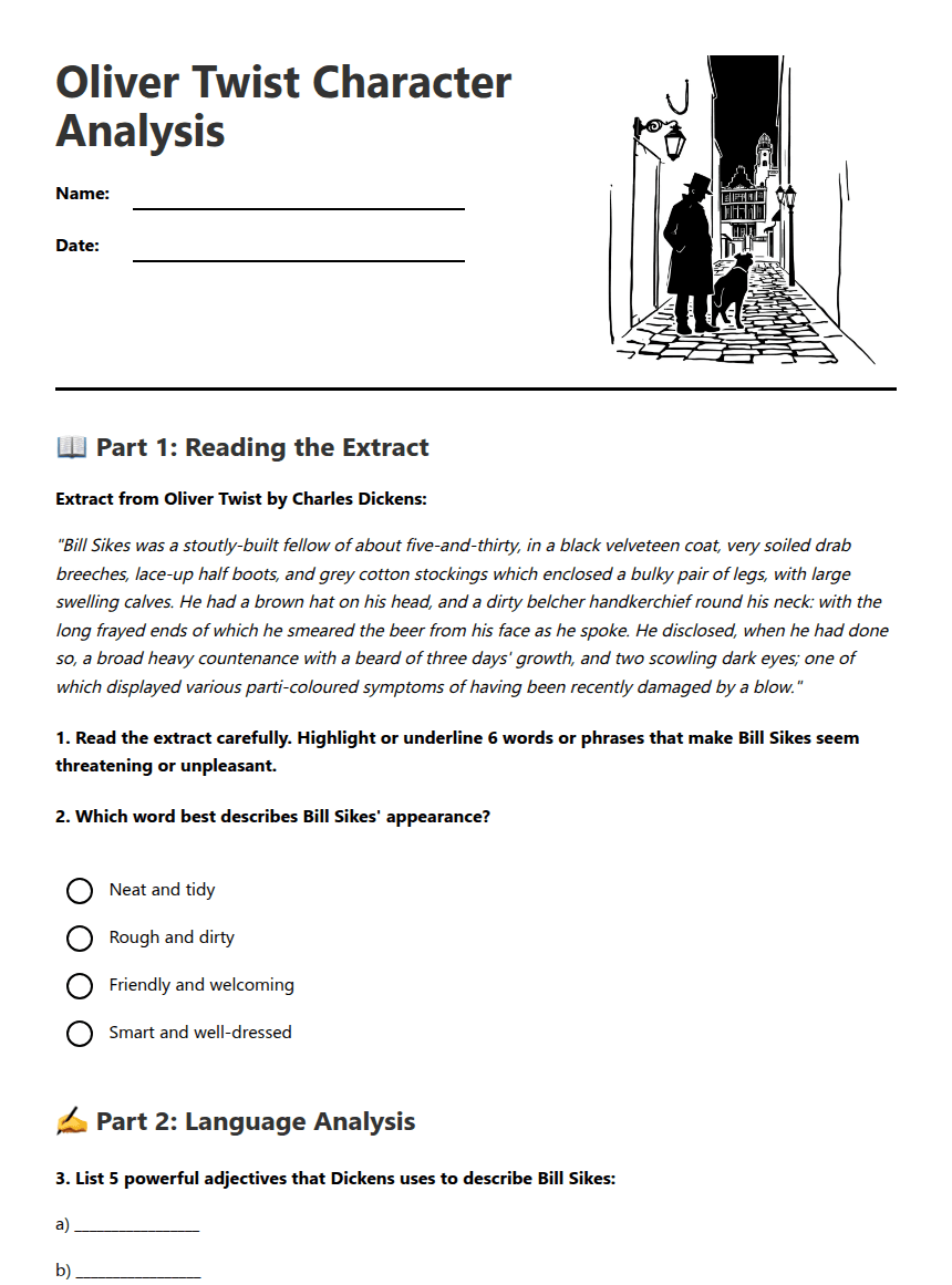 Oliver Twist Character Analysis worksheet preview