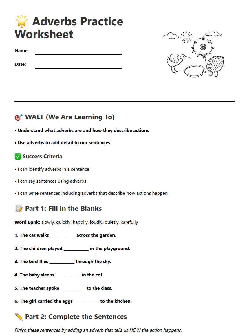Adverbs Practice Worksheet worksheet preview