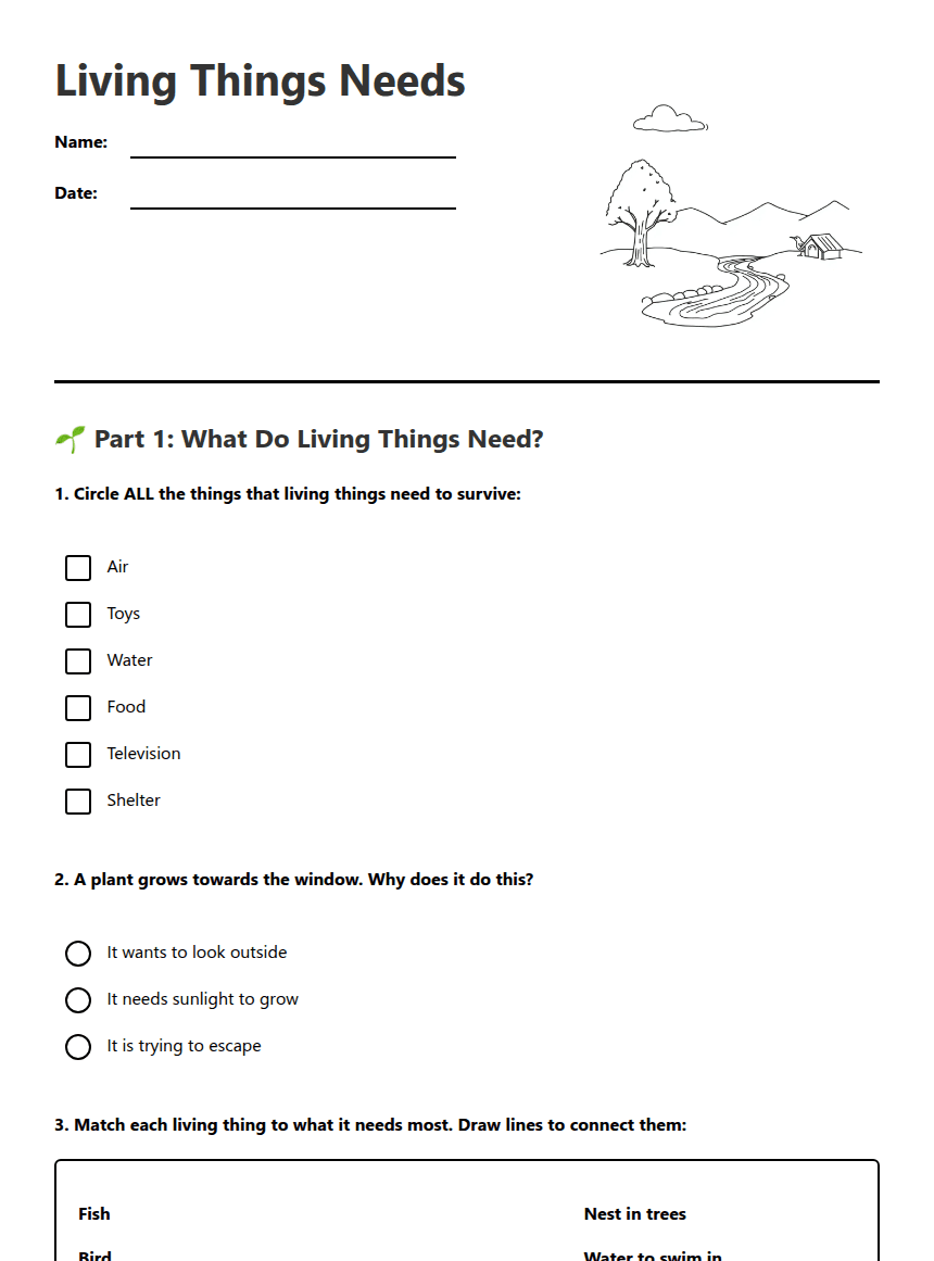 Living Things Needs worksheet preview